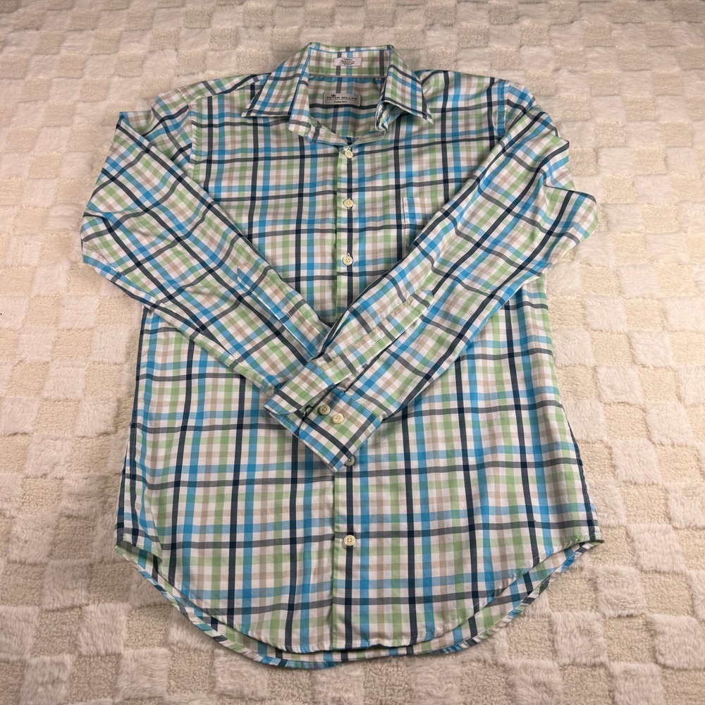 Peter Millar Crown‎ Ease golf logo Plaid Button Down Shirt Mens Small Green Blue